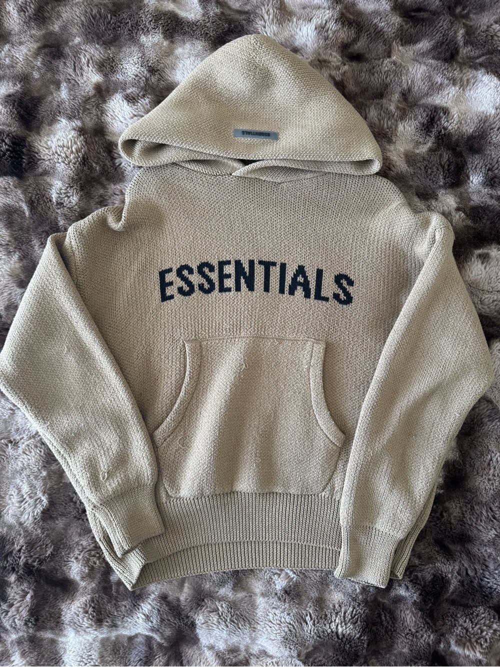 Essentials Beige Crewneck Hoodie with Black Logo
